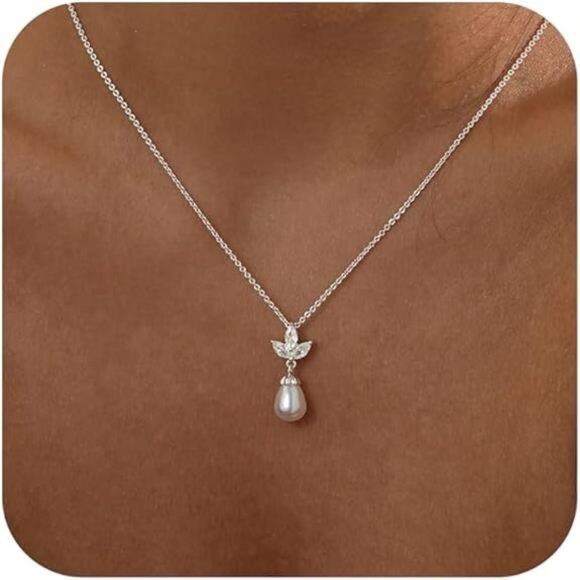 Dainty Silver Pearl Necklace | Single Pearl Pendant | Elegant Adjustable 16.9” - Picture 5 of 5